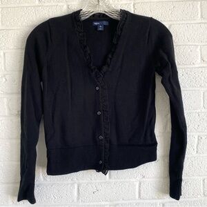 GAP KIDS Black Knit Cardigan Button Down Ruffle Neck Cotton Size 10 Large